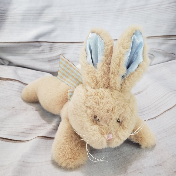 Bearington Baby Tan Blue Bunny Rabbit Plush Stuffed Toy 8 Inch Satin Rattle Bow - Picture 1 of 9